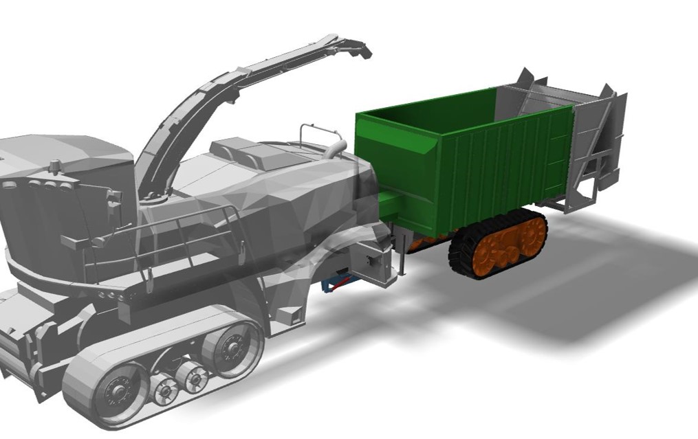 Conceptual design of tracked harvester with new cutting drum and integrated storage bunker